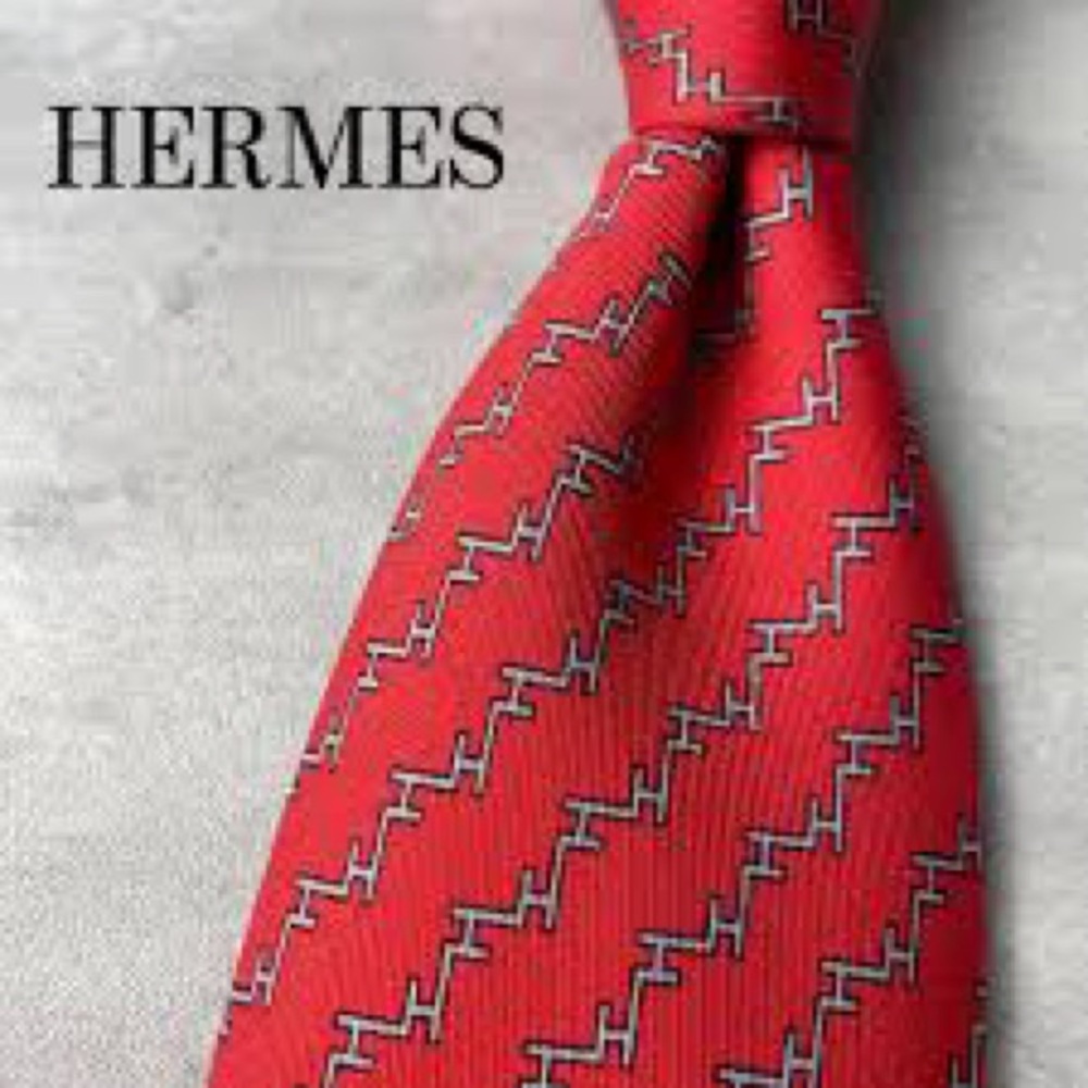 Hermes Red Silk Tie with Geometric Pattern